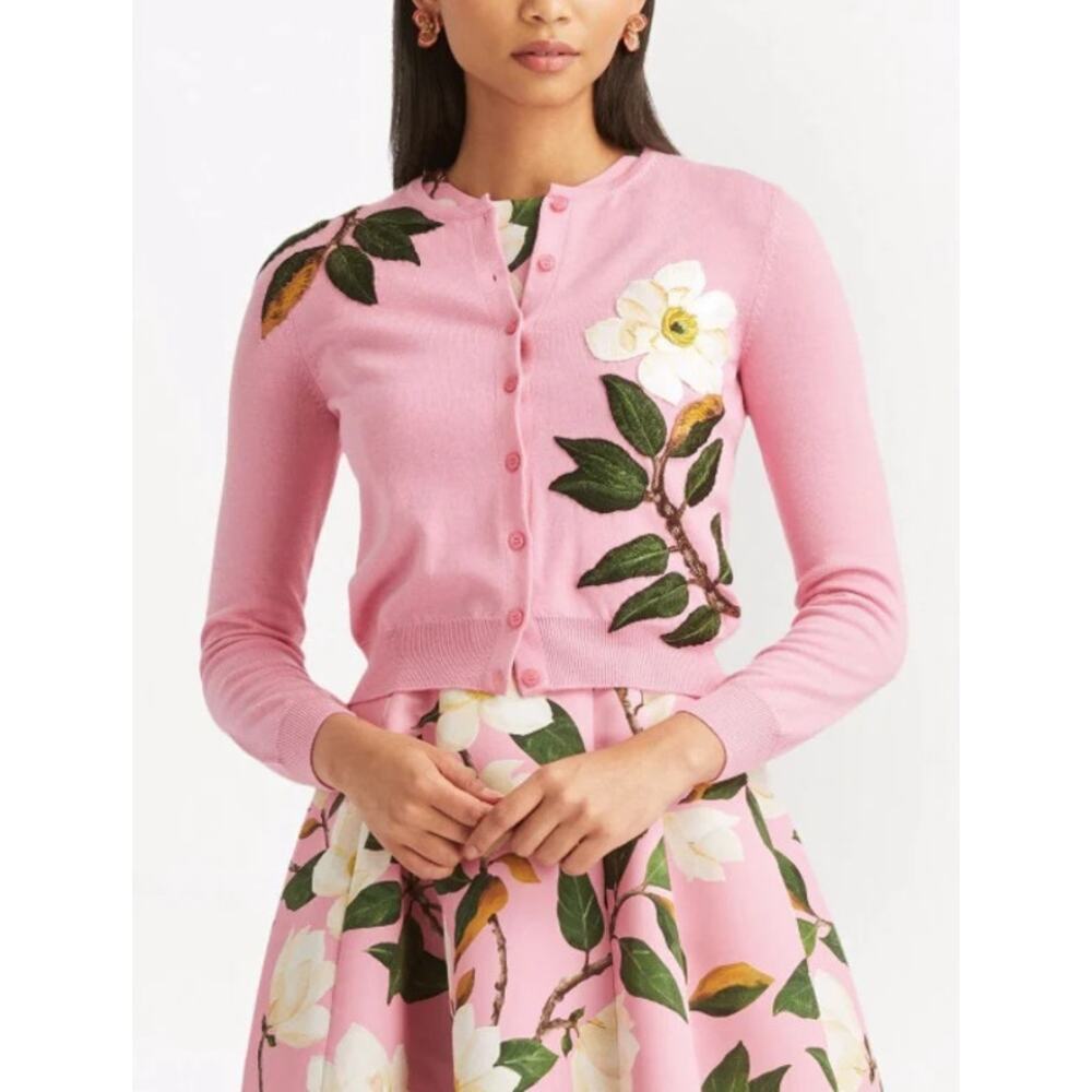 Oscar de la Renta‎ Pink Virgin Wool Floral Embroidered Cardigan Italy S $3411